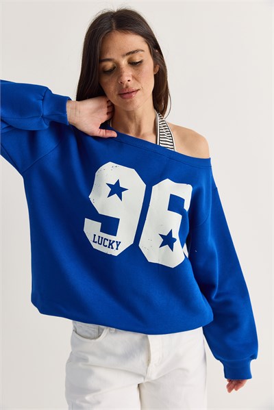 Kadın 96 Lucky Baskılı Birleşik Atlet Detaylı Kayık Yaka Sweatshirt 814 60286601 - Saks