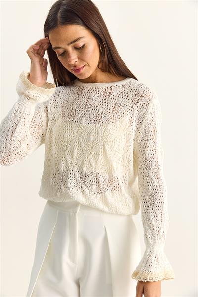 Kadın Ajurlu Bisiklet Yaka Kolları Volanlı Hafif Dökümlü Triko Kazak TK261036 60286168 - Ekru
