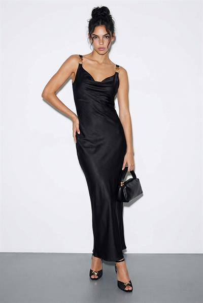 Kadın Aksesuar Detaylı Askılı Sırtı Bağlamalı Saten Uzun Elbise 0994 60286074 - Siyah