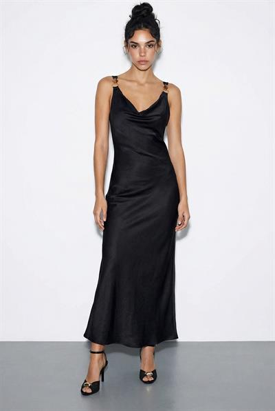 Kadın Aksesuar Detaylı Askılı Sırtı Bağlamalı Saten Uzun Elbise 0994 60286074 - Siyah