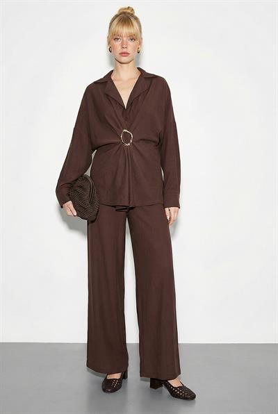 Kadın Aksesuarlı Oversize Gömlekli Bol Paça Pantolon Alt-Üst Takım 7613 60286063 - Acı Kahve