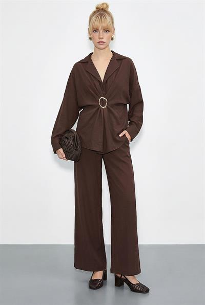 Kadın Aksesuarlı Oversize Gömlekli Bol Paça Pantolon Alt-Üst Takım 7613 60286063 - Acı Kahve