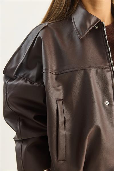 Kadın Apolet Detaylı Cepli Oversize Suni Deri Bomber Ceket 1055 60283650 - Acı Kahve