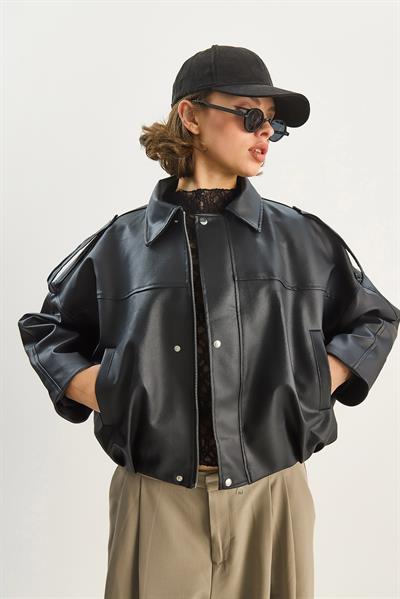 Kadın Apolet Detaylı Cepli Oversize Suni Deri Bomber Ceket 1055 60283650 - Siyah