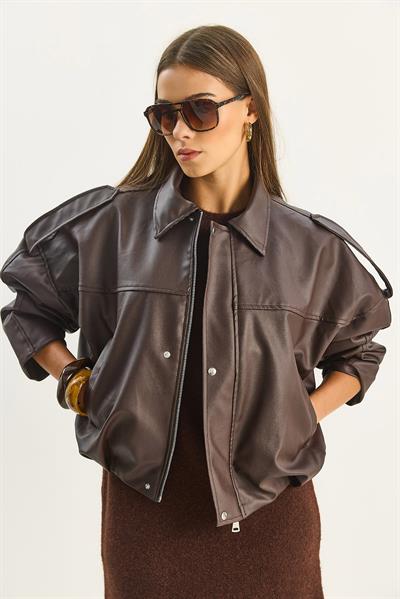 Kadın Apolet Detaylı Cepli Oversize Suni Deri Bomber Ceket 1055 60283650 - Acı Kahve