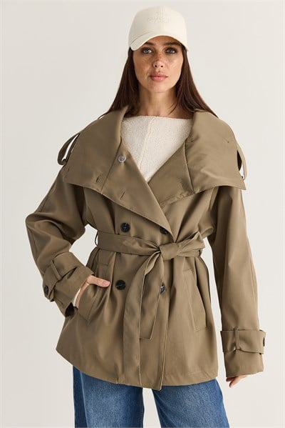 Kadın Apoletli Dik Yaka Kuşaklı Cep Detaylı Astarlı Ara Boy Trençkot 2835 60286509 - Haki