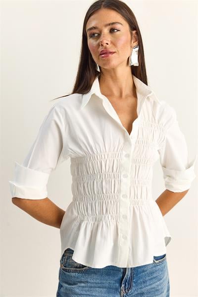 Kadın Asimetrik Büzgü Detaylı Lastikli Bel Formlu Düğmeli Poplin Gömlek 0998 60286161 - Beyaz