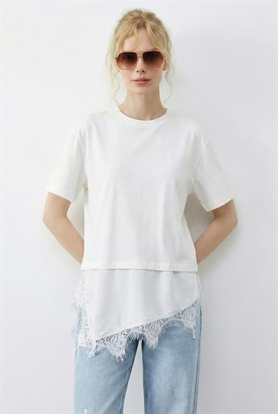 Kadın Asimetrik Dantelli Etek Uclu Oversize T-Shirt 8716 60283956 - Beyaz