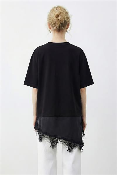 Kadın Asimetrik Dantelli Etek Uclu Oversize T-Shirt 8716 60283956 - Siyah