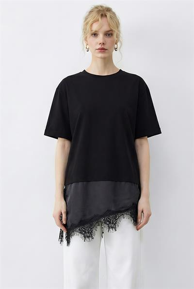 Kadın Asimetrik Dantelli Etek Uclu Oversize T-Shirt 8716 60283956 - Siyah
