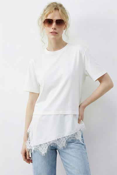 Kadın Asimetrik Dantelli Etek Uclu Oversize T-Shirt 8716 60283956 - Beyaz