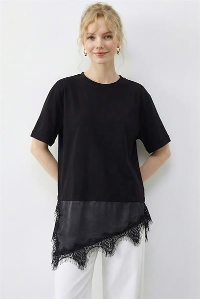 Kadın Asimetrik Dantelli Etek Uclu Oversize T-Shirt 8716 60283956 - Siyah
