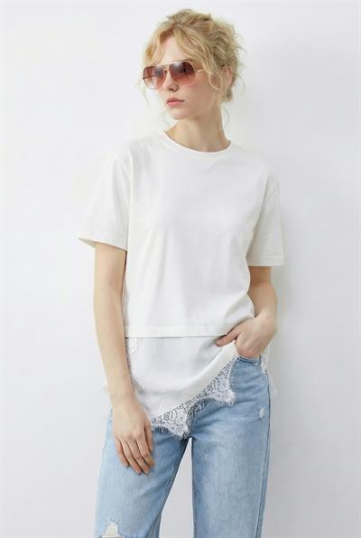 Kadın Asimetrik Dantelli Etek Uclu Oversize T-Shirt 8716 60283956 - Beyaz