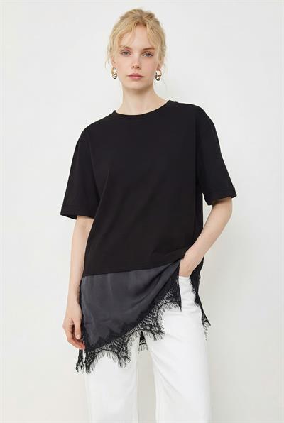Kadın Asimetrik Dantelli Etek Uclu Oversize T-Shirt 8716 60283956 - Siyah