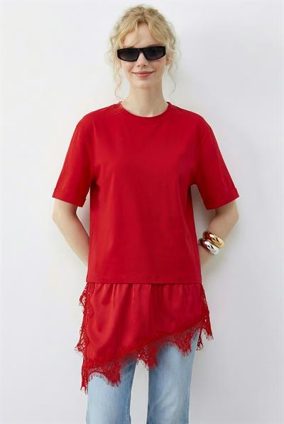 Kadın Asimetrik Dantelli Etek Uclu Oversize T-Shirt 8716 60283956 - Kırmızı