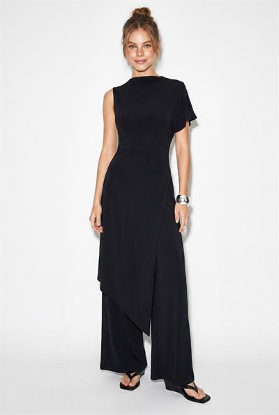 Kadın Asimetrik Kesim Bluz Beli Lastikli Cep Detaylı Bol Pantolon Takım 1089 60286250 - Siyah