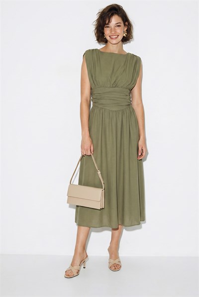 Kadın Astarlı Cep Detaylı Drapeli Bel Tasarımlı Midi Elbise 1094 60286370 - Haki