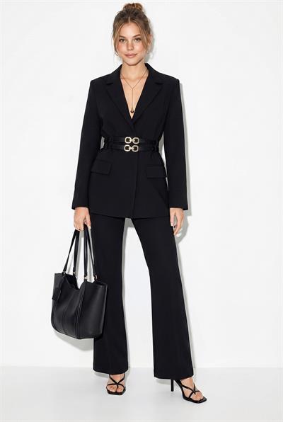Kadın Astarlı Çift Kemer Detaylı Klasik Blazer Ceket 8151 60286140 - Siyah