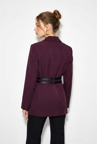 Kadın Astarlı Çift Kemer Detaylı Klasik Blazer Ceket 8151 60286140 - Mürdüm