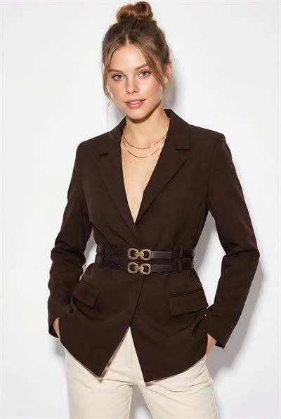 Kadın Astarlı Çift Kemer Detaylı Klasik Blazer Ceket 8151 60286140 - Acı Kahve