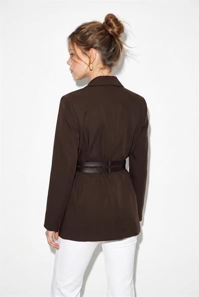 Kadın Astarlı Çift Kemer Detaylı Klasik Blazer Ceket 8151 60286140 - Acı Kahve