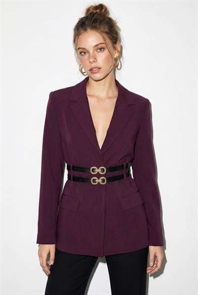 Kadın Astarlı Çift Kemer Detaylı Klasik Blazer Ceket 8151 60286140 - Mürdüm