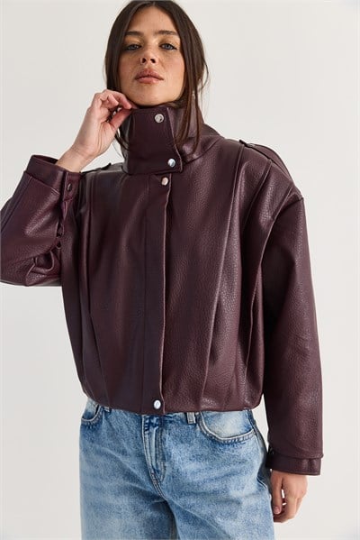 Kadın Astarlı Dik Yaka Omuz Apoletli Çıtçıt Kapamalı Oversize Suni Deri Ceket 2838 60286593 - Bordo