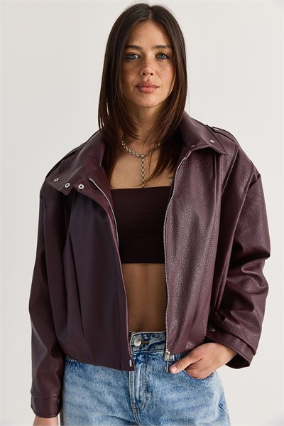 Kadın Astarlı Dik Yaka Omuz Apoletli Çıtçıt Kapamalı Oversize Suni Deri Ceket 2838 60286593 - Bordo