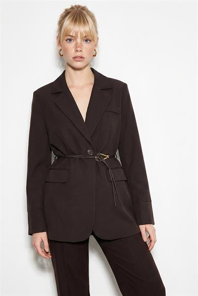 Kadın Astarlı Garni Kol Detaylı Kemerli Blazer Ceket 8146 60286139 - Acı Kahve