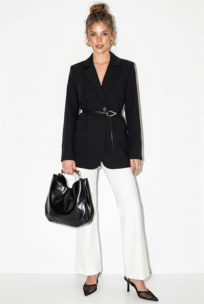 Kadın Astarlı Garni Kol Detaylı Kemerli Blazer Ceket 8146 60286139 - Siyah CEKET modelleri