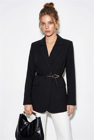 Kadın Astarlı Garni Kol Detaylı Kemerli Blazer Ceket 8146 60286139 - Siyah