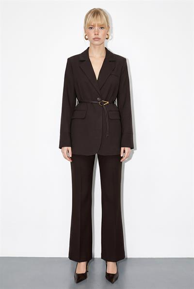 Kadın Astarlı Garni Kol Detaylı Kemerli Blazer Ceket 8146 60286139 - Acı Kahve