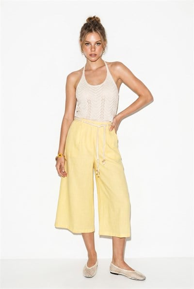 Kadın Astarlı Keten Cepli Kemer Detaylı Bol Paça Culotte Pantolon 1090 60286384 - Sarı
