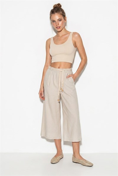 Kadın Astarlı Keten Cepli Kemer Detaylı Bol Paça Culotte Pantolon 1090 60286384 - Taş