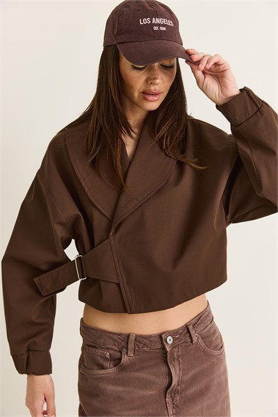 Kadın Astarlı Şal Yaka Kemer Detaylı Crop Oversize Trençkot 2825 60286547 - Kahverengi
