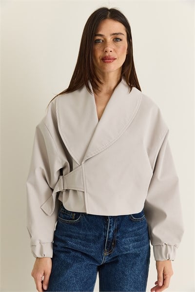 Kadın Astarlı Şal Yaka Kemer Detaylı Crop Oversize Trençkot 2825 60286547 - Taş