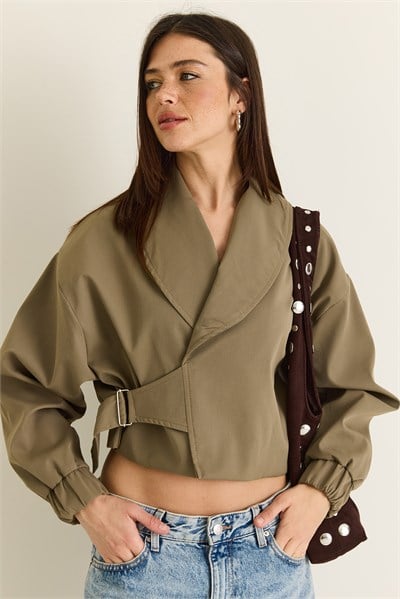 Kadın Astarlı Şal Yaka Kemer Detaylı Crop Oversize Trençkot 2825 60286547 - Haki DIŞ GİYİM modelleri
