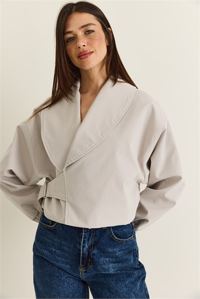 Kadın Astarlı Şal Yaka Kemer Detaylı Crop Oversize Trençkot 2825 60286547 - Taş