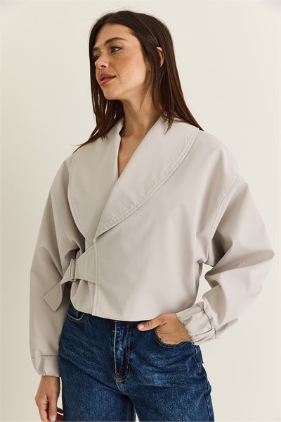 Kadın Astarlı Şal Yaka Kemer Detaylı Crop Oversize Trençkot 2825 60286547 - Taş