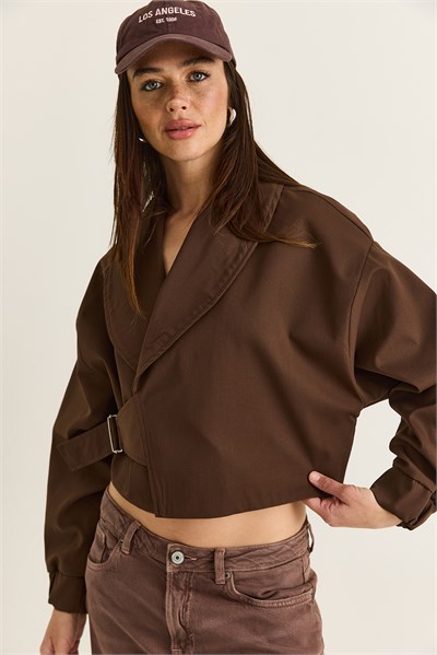 Kadın Astarlı Şal Yaka Kemer Detaylı Crop Oversize Trençkot 2825 60286547 - Kahverengi