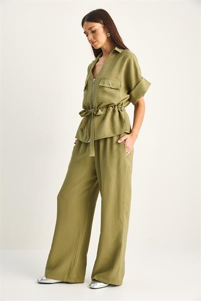 Kadın Ayarlanabilir Bel Detaylı Kısa Kollu Yelek Beli Lastikli Pantolon Takım 7572 60286192 - Yeşil