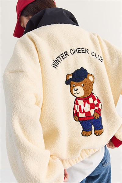 Kadın Ayıcık Nakışlı Dik Yaka Düğme Detaylı Oversize Peluş Sweatshirt 4241 60286781 - Krem