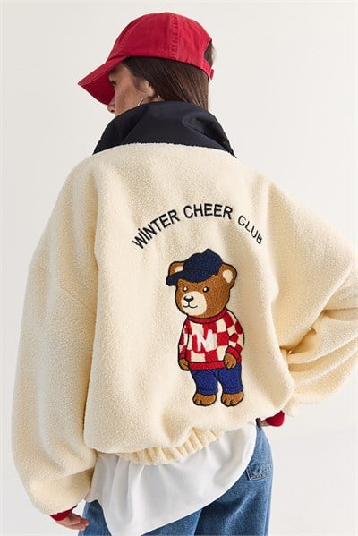 Kadın Ayıcık Nakışlı Dik Yaka Düğme Detaylı Oversize Peluş Sweatshirt 4241 60286781 - Krem