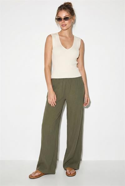 Kadın Bağcıklı Beli Lastikli Müslin Geniş Paça Pantolon YP5502 60286190 - Haki