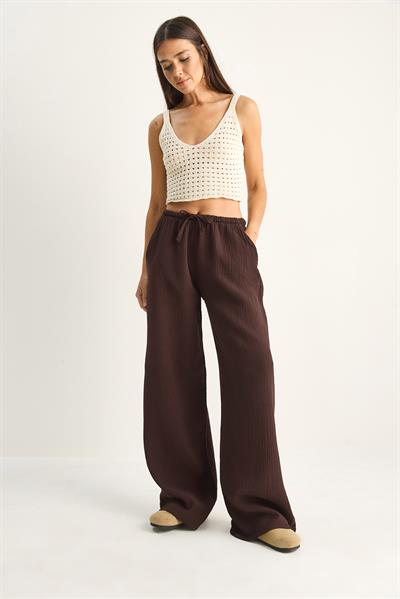 Kadın Bağcıklı Beli Lastikli Müslin Geniş Paça Pantolon YP5502 60286190 - Acı Kahve