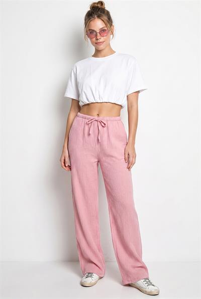 Kadın Bağcıklı Beli Lastikli Müslin Geniş Paça Pantolon YP5502 60286190 - Pembe