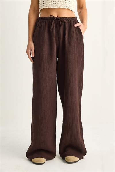 Kadın Bağcıklı Beli Lastikli Müslin Geniş Paça Pantolon YP5502 60286190 - Acı Kahve