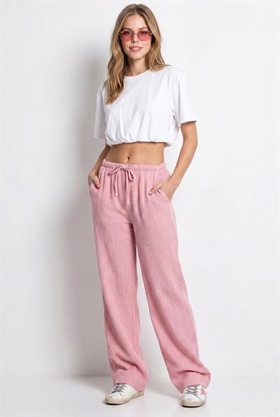 Kadın Bağcıklı Beli Lastikli Müslin Geniş Paça Pantolon YP5502 60286190 - Pembe