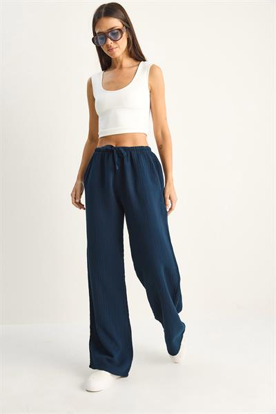 Kadın Bağcıklı Beli Lastikli Müslin Geniş Paça Pantolon YP5502 60286190 - Lacivert