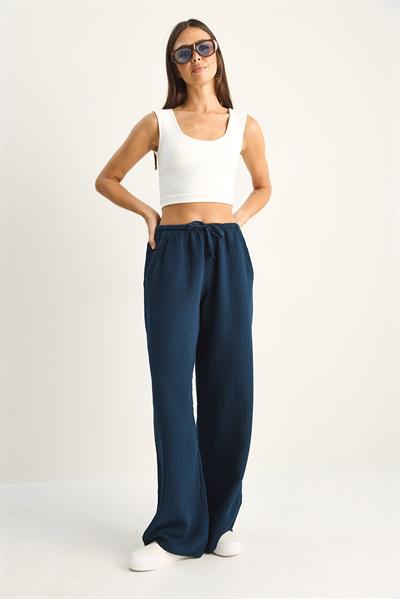 Kadın Bağcıklı Beli Lastikli Müslin Geniş Paça Pantolon YP5502 60286190 - Lacivert